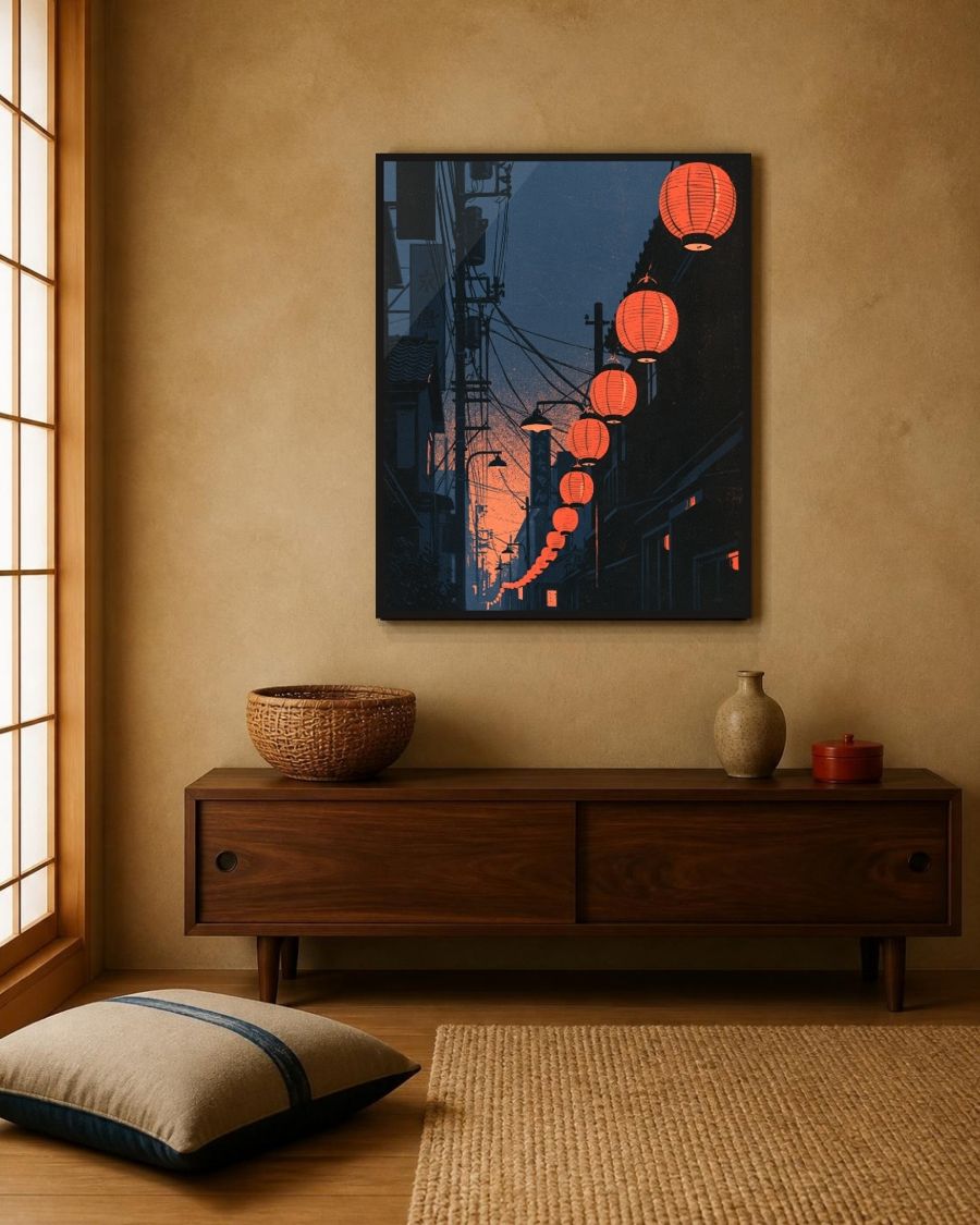 The Tokyo Alley print framed above a wooden sideboard